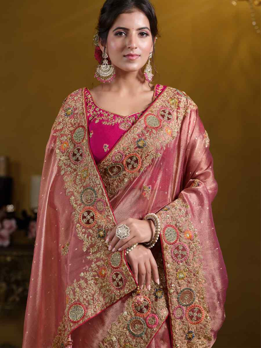 Peach Zari Organza Silk Embroidered Festival Wedding Fancy Heavy Border Saree