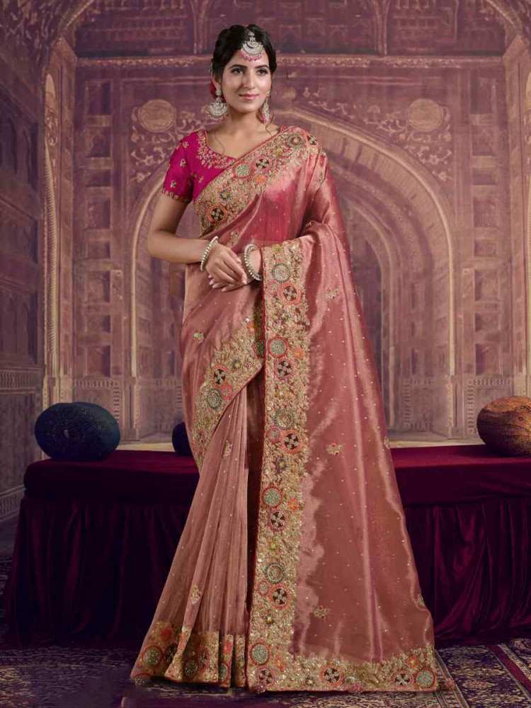 Image of Peach Zari Organza Silk Embroidery Festival Wedding Fancy Classic Heavy Border Saree