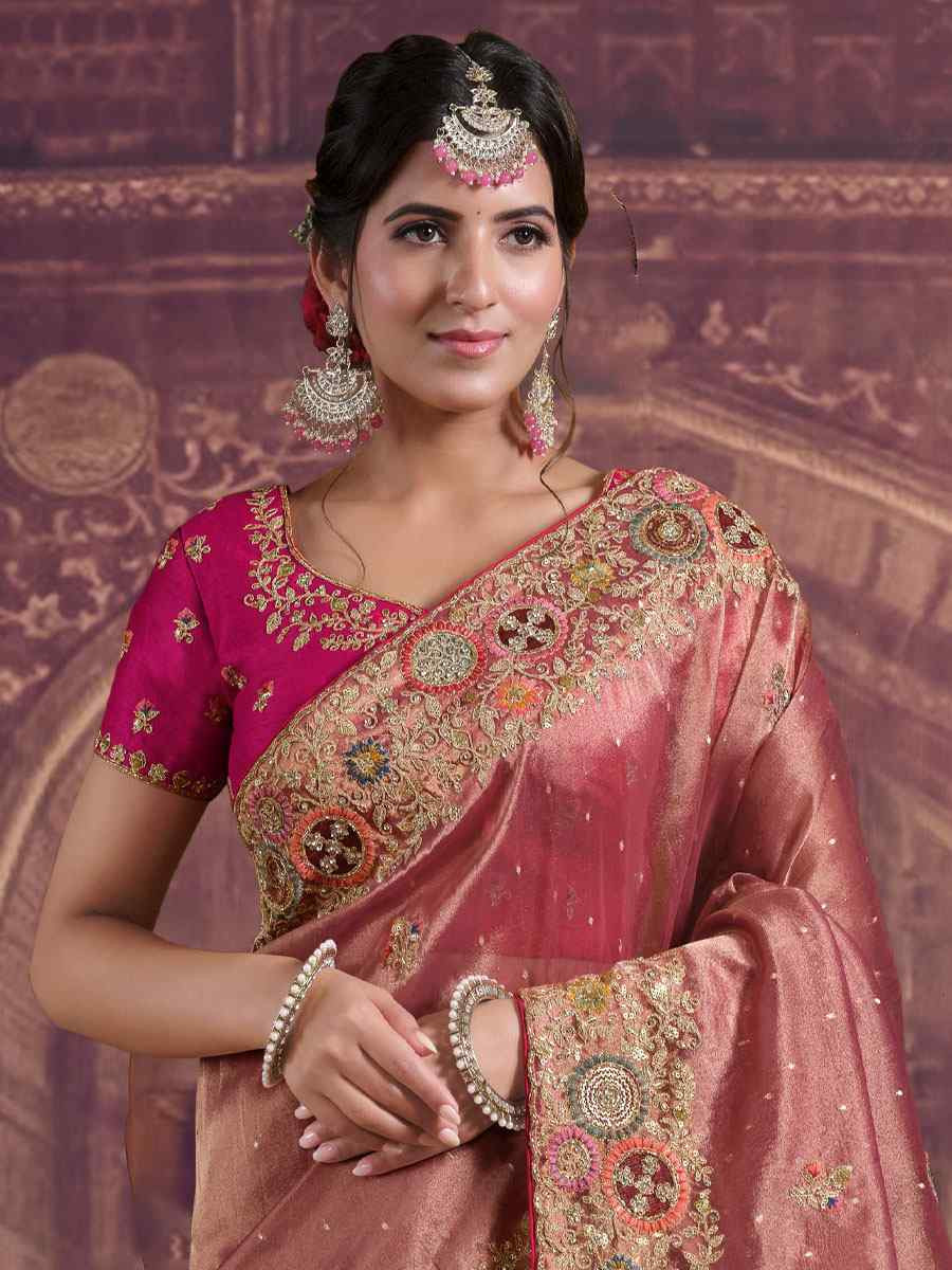 Peach Zari Organza Silk Embroidery Festival Wedding Fancy Classic Heavy Border Saree