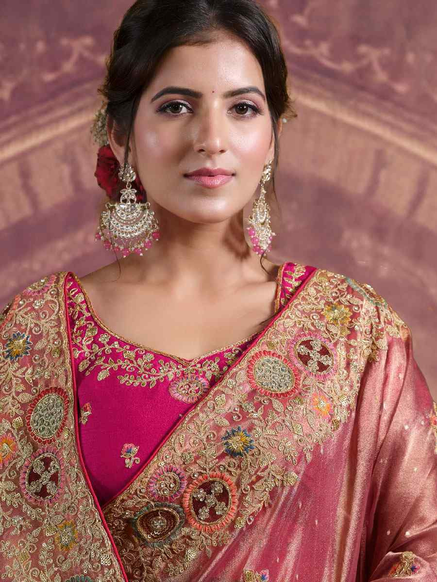 Peach Zari Organza Silk Embroidery Festival Wedding Fancy Classic Heavy Border Saree