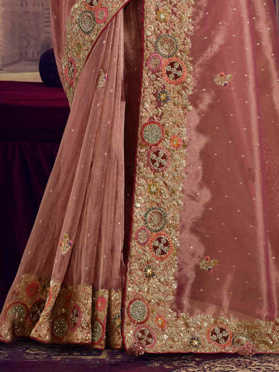 Peach Zari Organza Silk Embroidery Festival Wedding Fancy Classic Heavy Border Saree