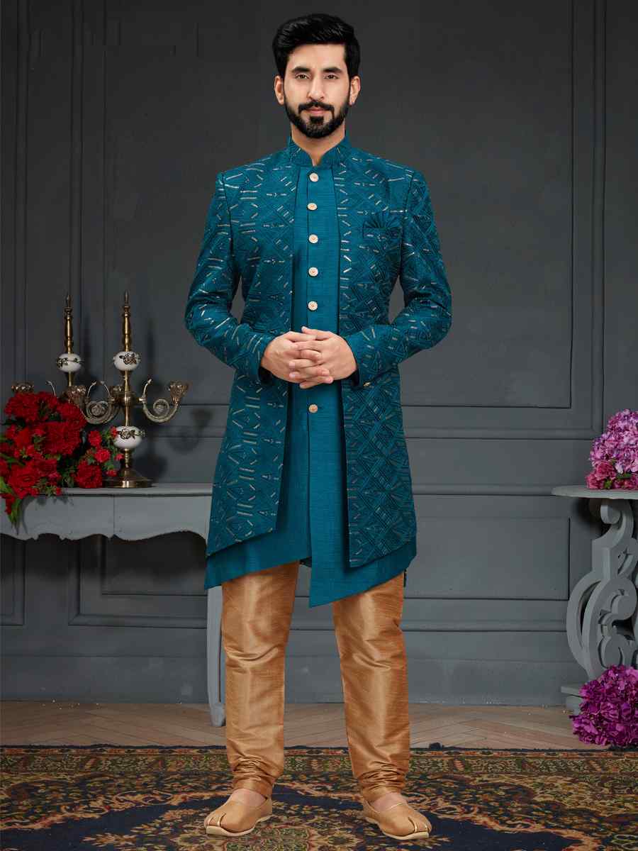 Peacock Blue Heavy Imported Silk Woven Groom Wedding Sherwani