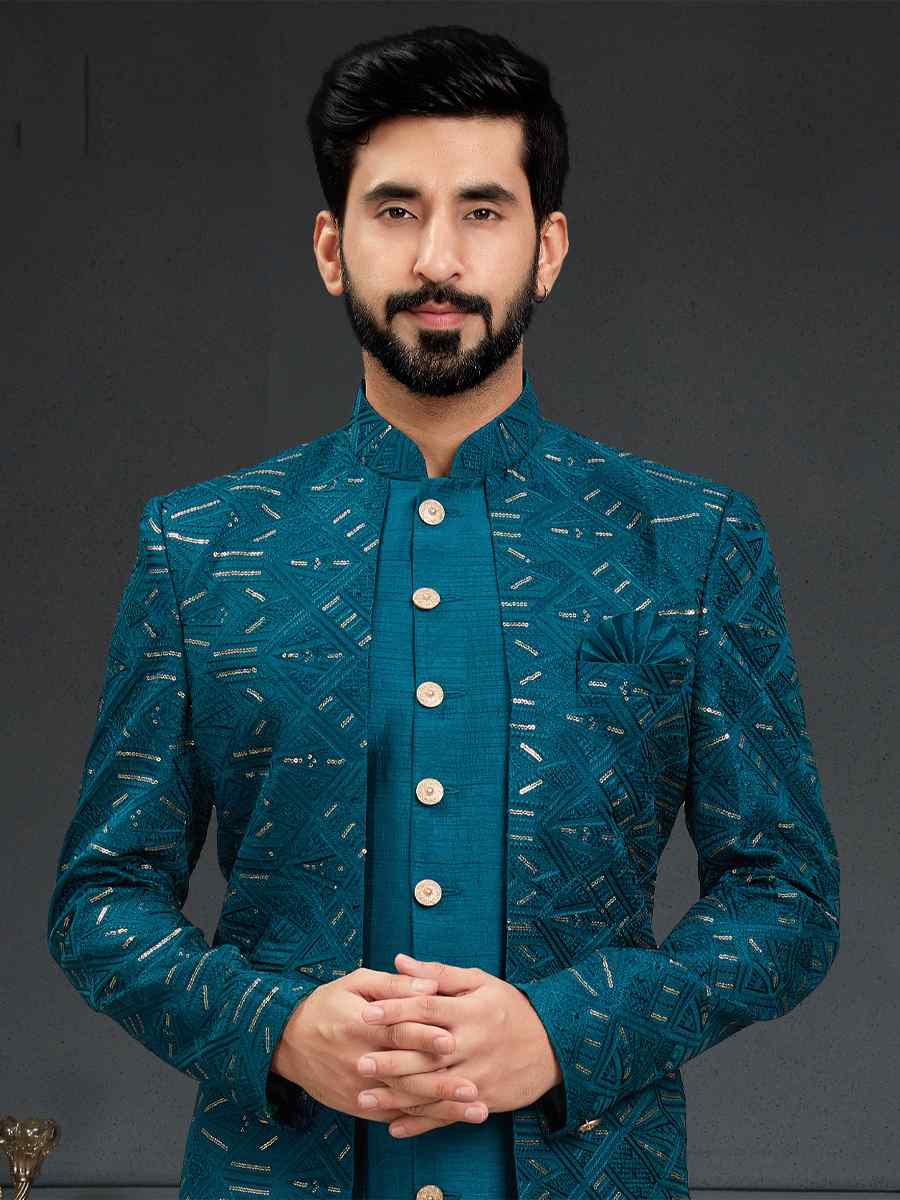 Peacock Blue Heavy Imported Silk Woven Groom Wedding Sherwani