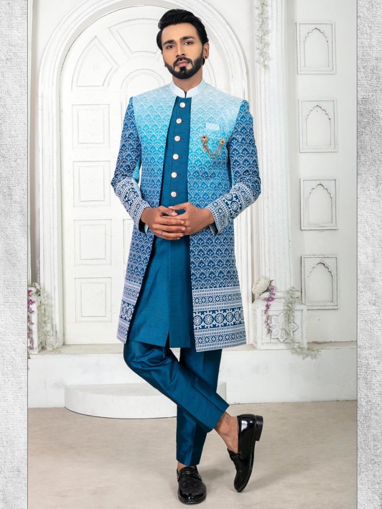 Peacock Blue Silk Embroidered Wedding Groom Sherwani