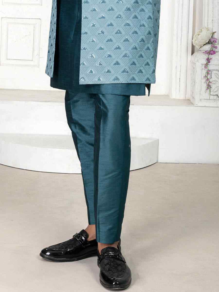 Peacock Blue Silk Embroidered Wedding Groom Sherwani