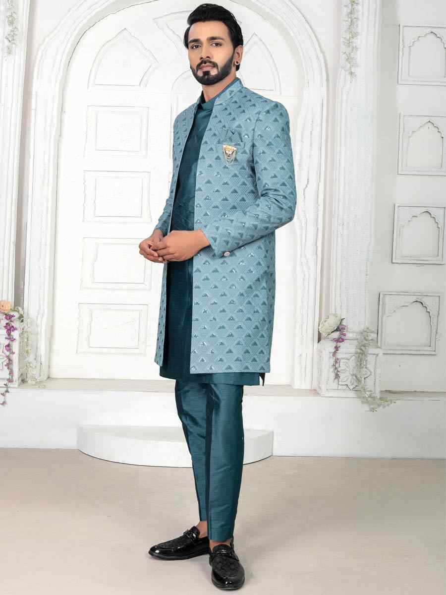 Peacock Blue Silk Embroidered Wedding Groom Sherwani