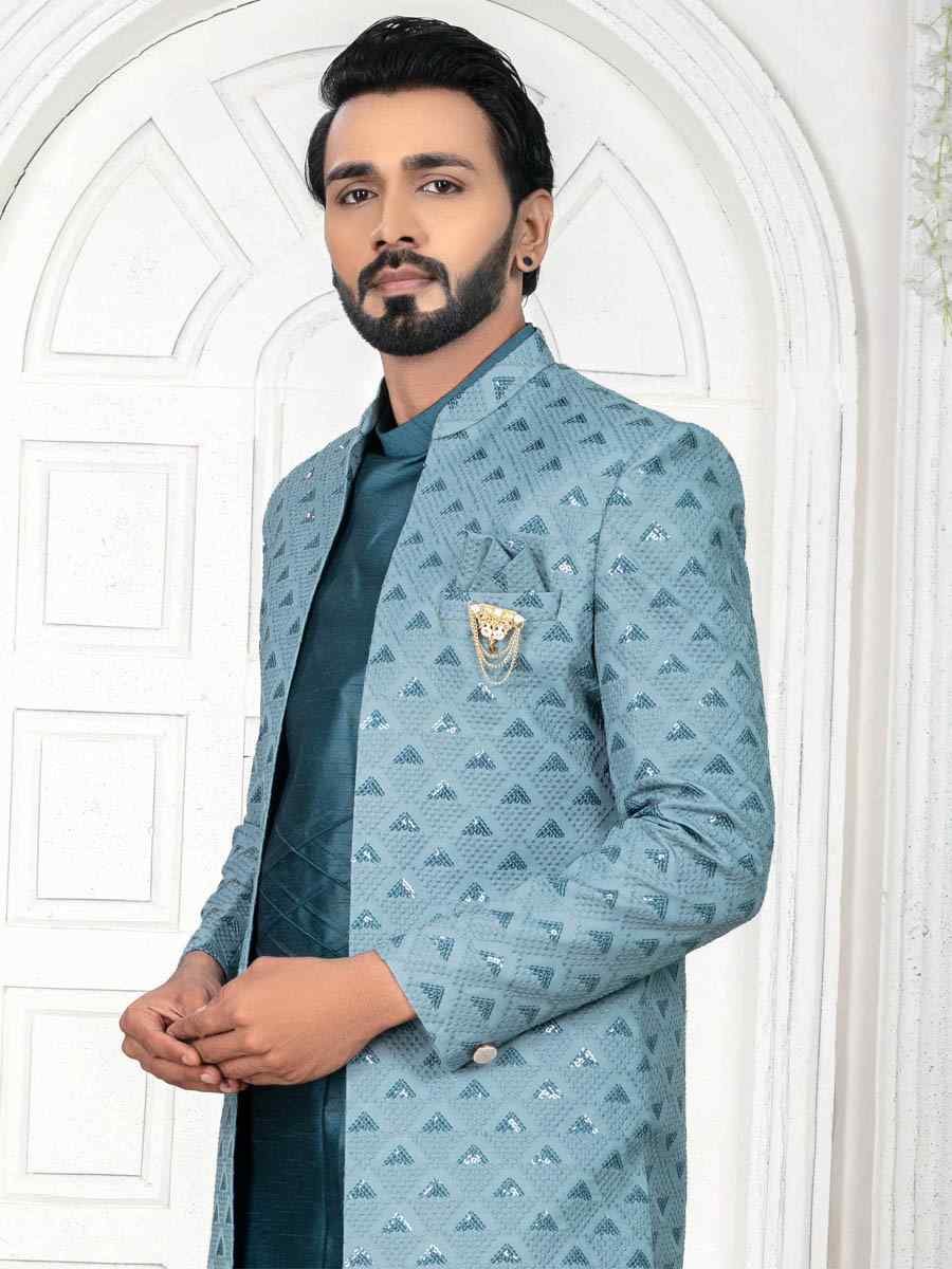 Peacock Blue Silk Embroidered Wedding Groom Sherwani