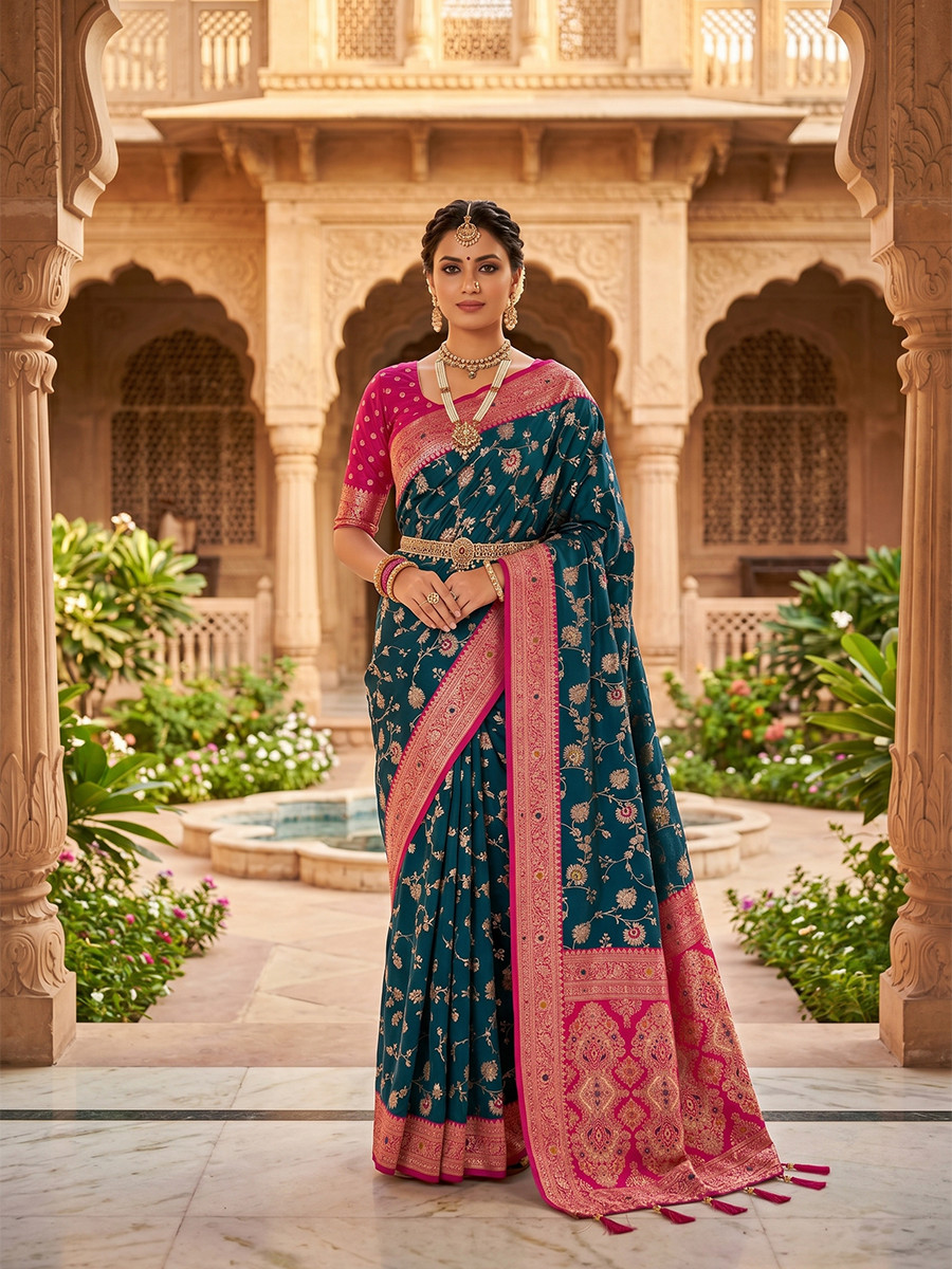 Peacock Blue Soft Banarasi Silk Zari Weaving Meenakari Touchup Wedding Reception Party Festival Casual Heavy Border Sarees