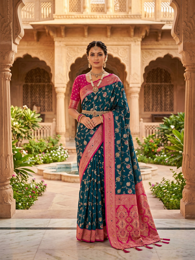 Image of Peacock Blue Soft Banarasi Silk Zari Weaving Meenakari Touchup Wedding Reception Party Festival Casual Heavy Border Sarees