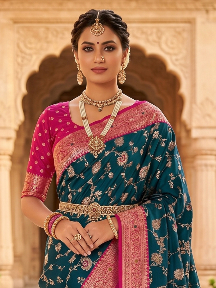 Peacock Blue Soft Banarasi Silk Zari Weaving Meenakari Touchup Wedding Reception Party Festival Casual Heavy Border Sarees