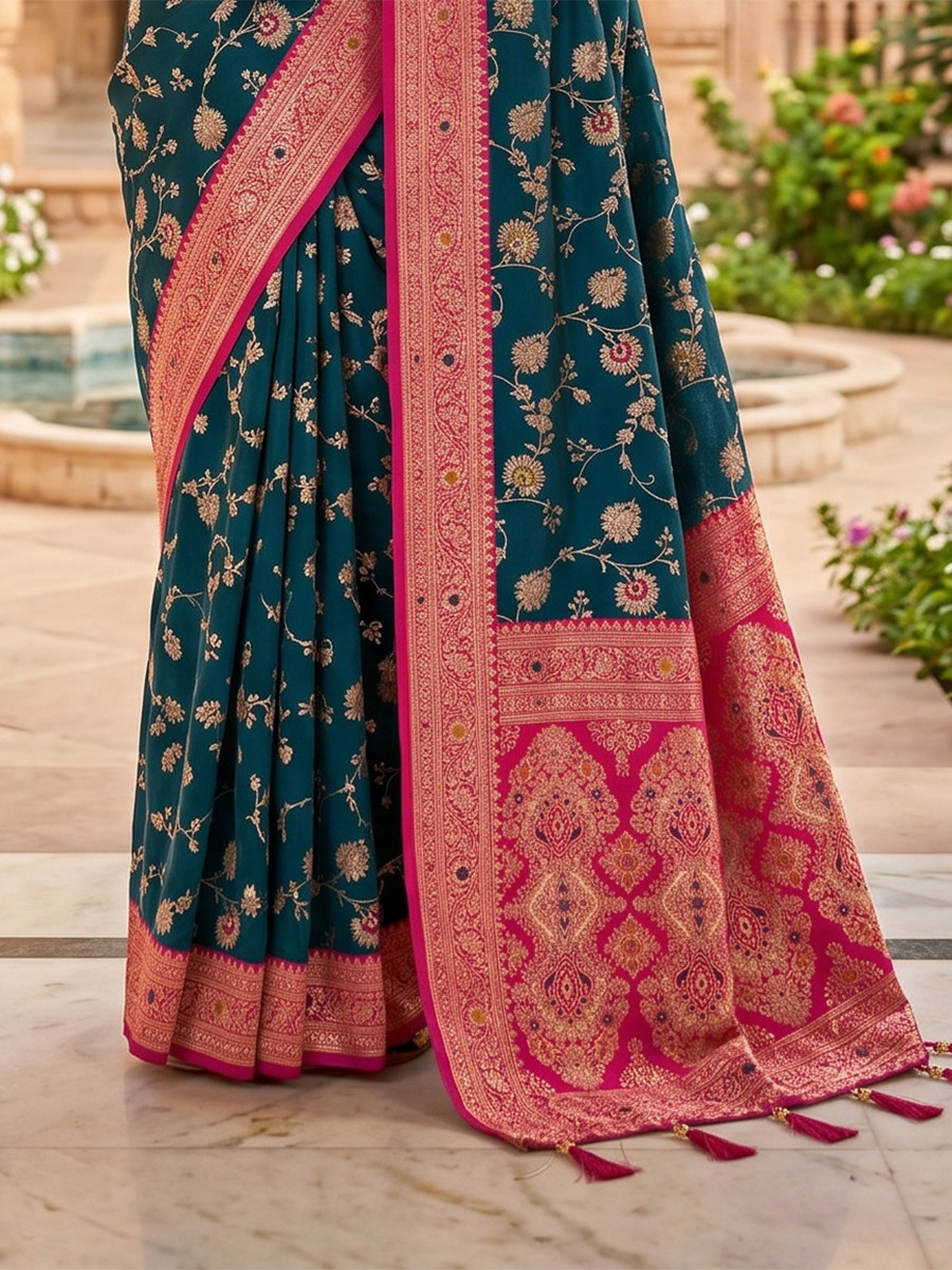 Peacock Blue Soft Banarasi Silk Zari Weaving Meenakari Touchup Wedding Reception Party Festival Casual Heavy Border Sarees