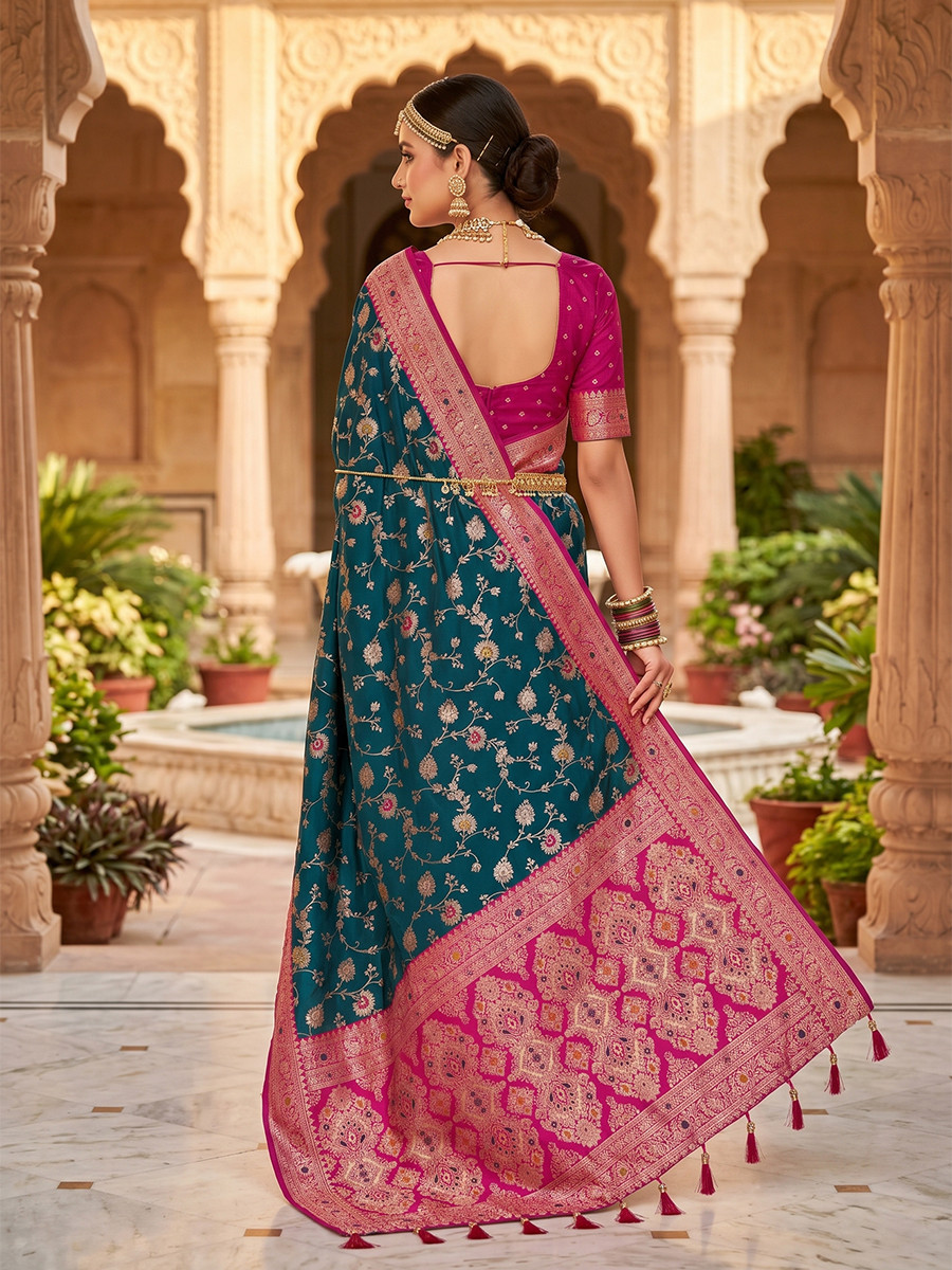 Peacock Blue Soft Banarasi Silk Zari Weaving Meenakari Touchup Wedding Reception Party Festival Casual Heavy Border Sarees