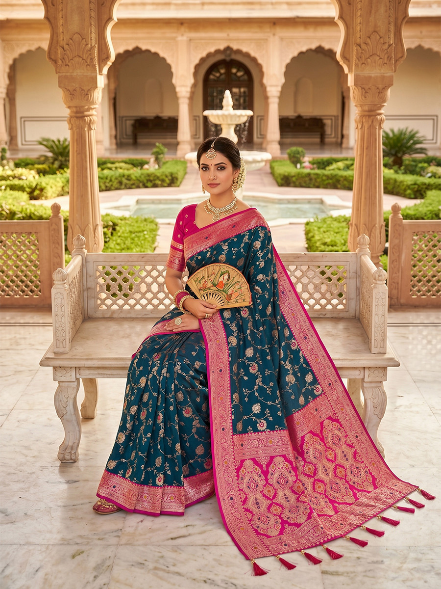 Peacock Blue Soft Banarasi Silk Zari Weaving Meenakari Touchup Wedding Reception Party Festival Casual Heavy Border Sarees