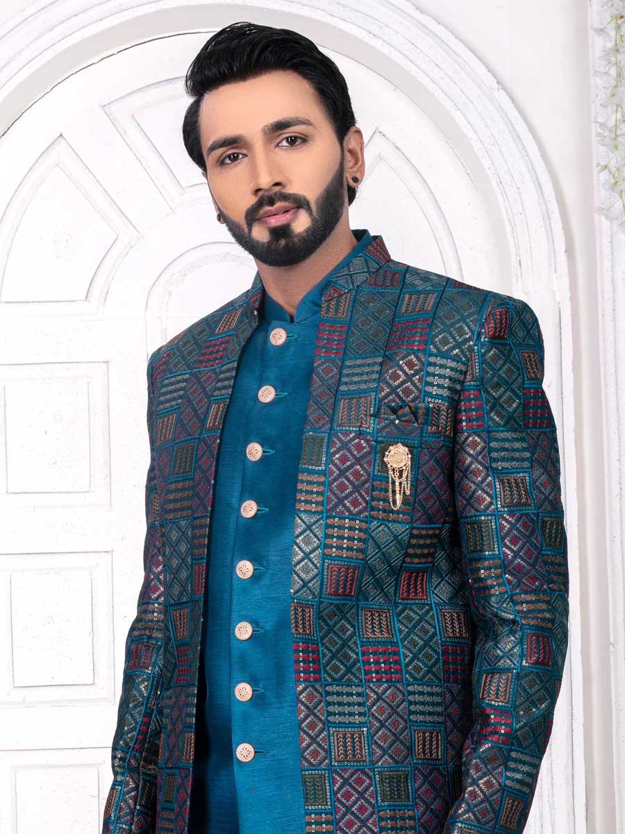 Peacock Crest Silk Embroidered Wedding Groom Sherwani