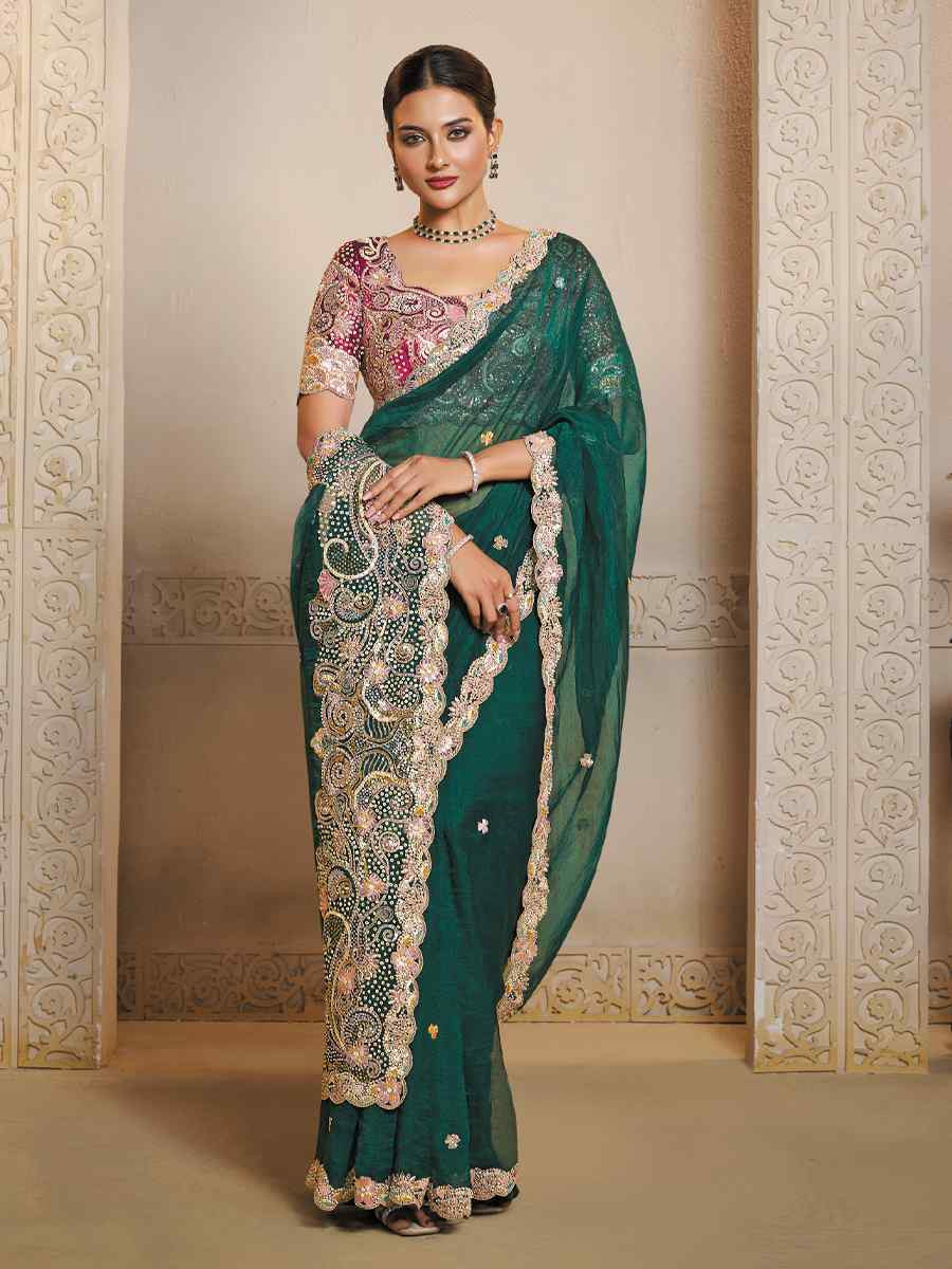 Peacock Green Organza Satin Embroidery Traditional Bridal Reception Festival Wedding Fancy Heavy Border Saree