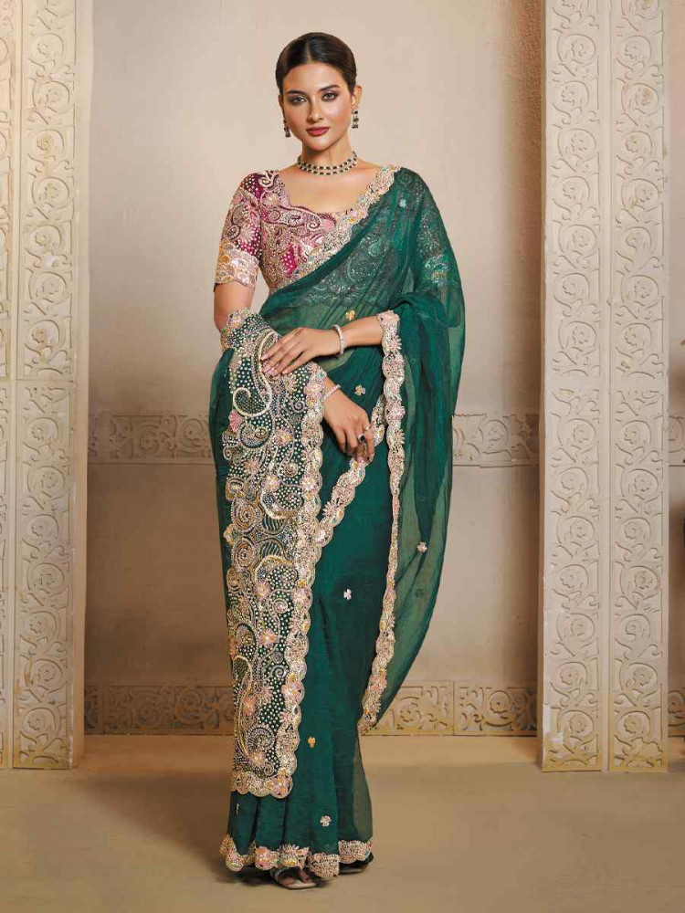 Image of Peacock Green Organza Satin Embroidery Traditional Bridal Reception Festival Wedding Fancy Heavy Border Saree