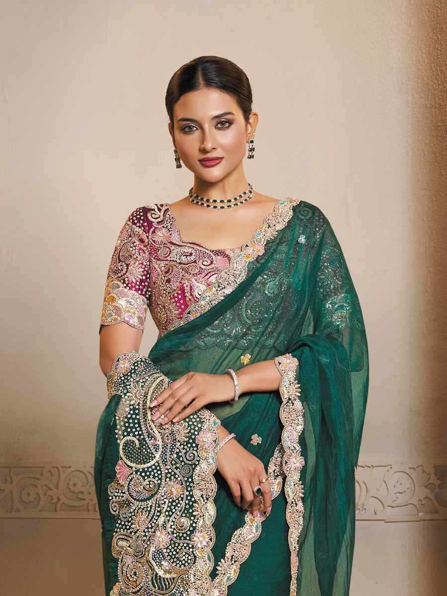 Peacock Green Organza Satin Embroidery Traditional Bridal Reception Festival Wedding Fancy Heavy Border Saree