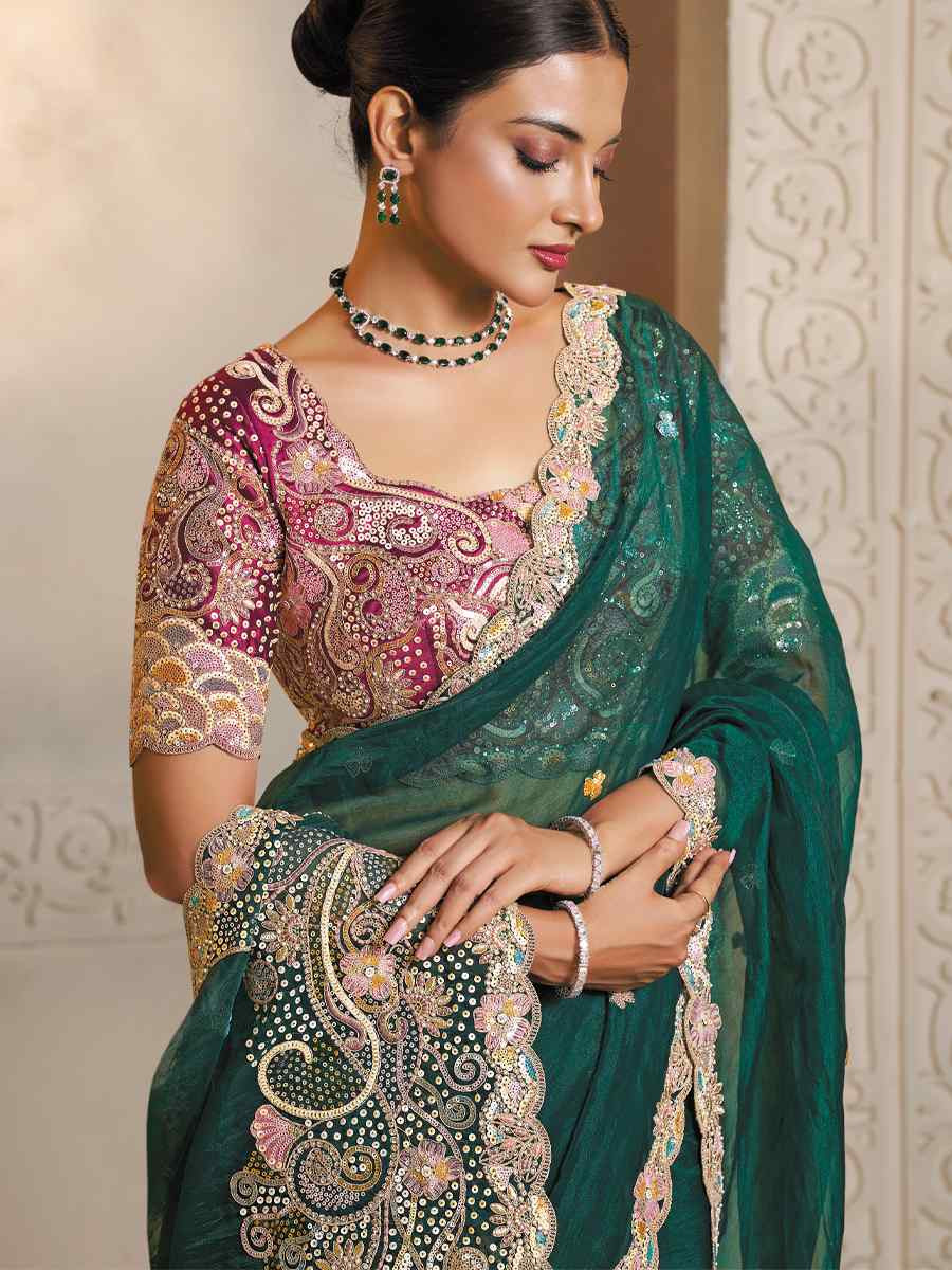 Peacock Green Organza Satin Embroidery Traditional Bridal Reception Festival Wedding Fancy Heavy Border Saree