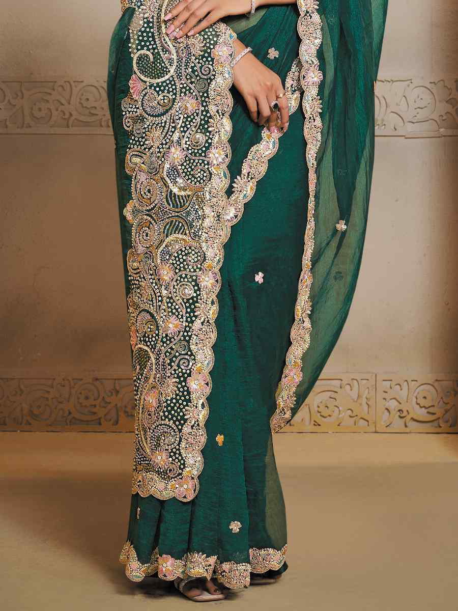 Peacock Green Organza Satin Embroidery Traditional Bridal Reception Festival Wedding Fancy Heavy Border Saree
