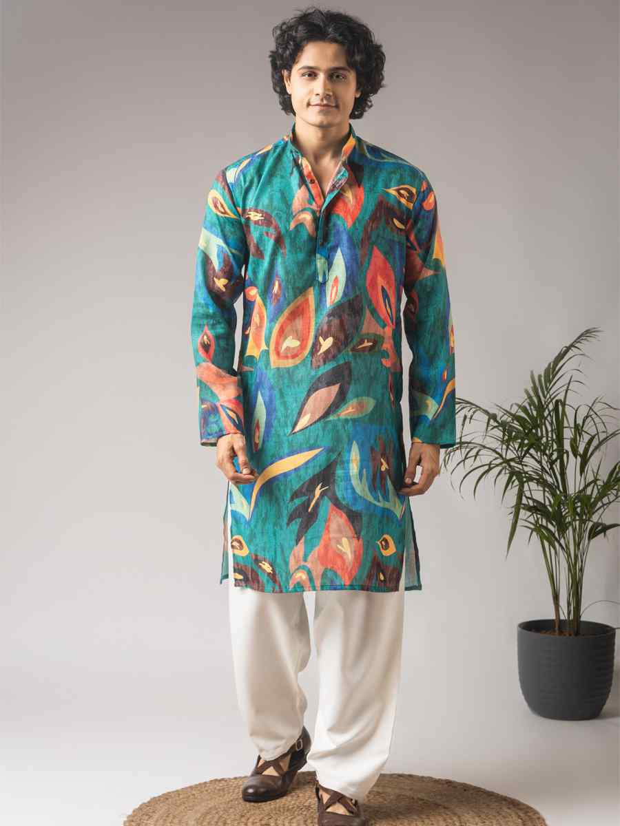 Peacock Green Printed Festival Wedding Party Mens Kurta
