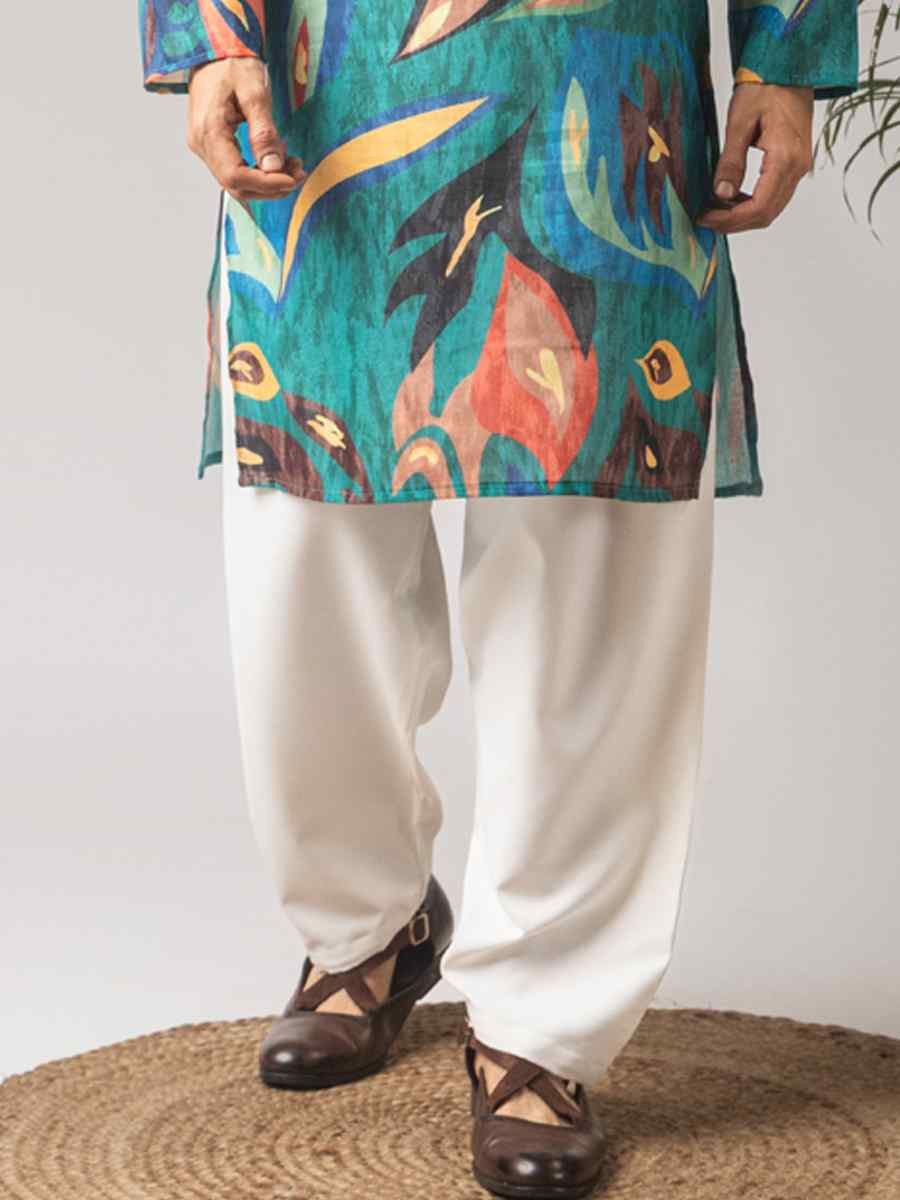 Peacock Green Printed Festival Wedding Party Mens Kurta