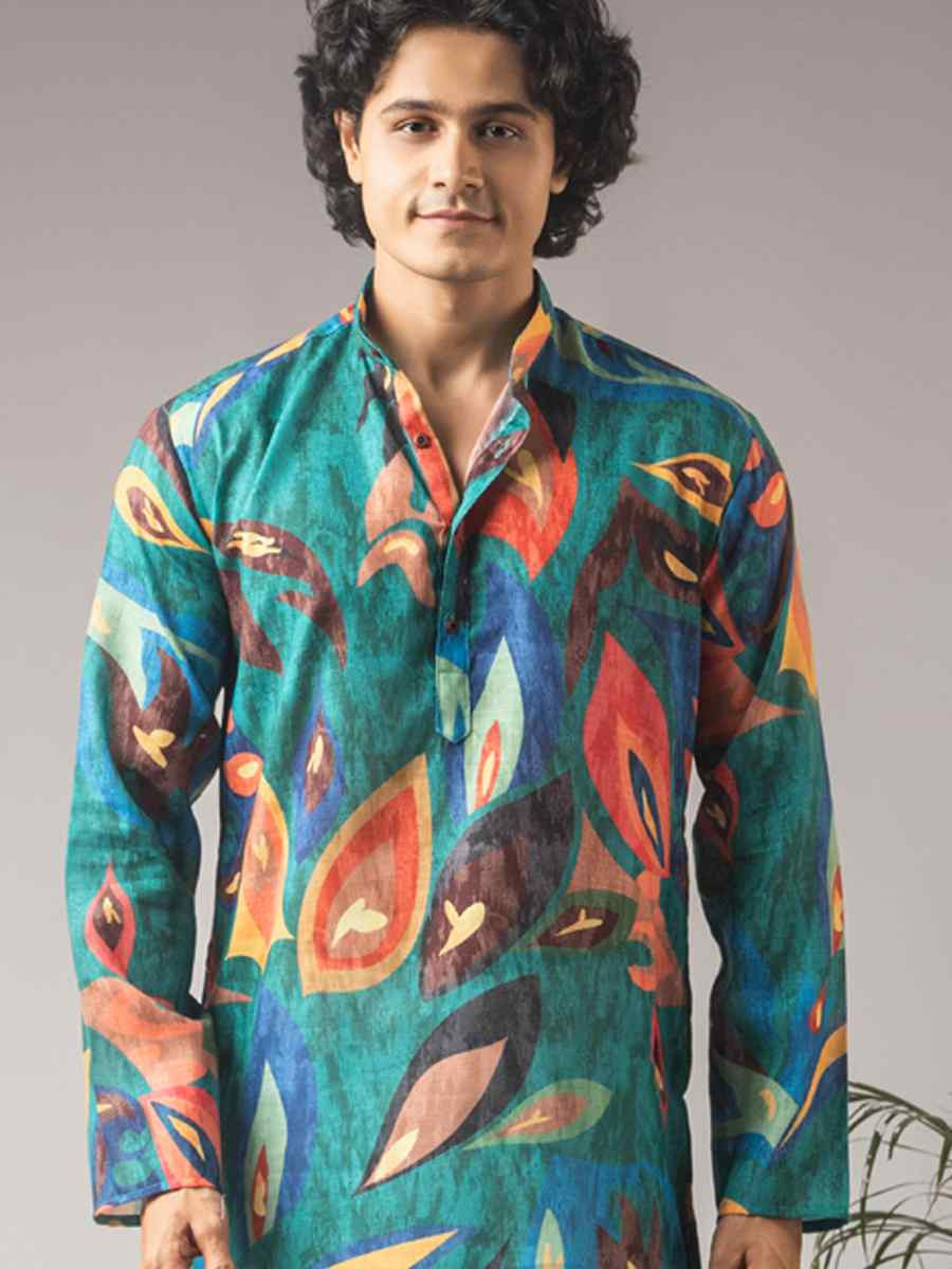 Peacock Green Printed Festival Wedding Party Mens Kurta