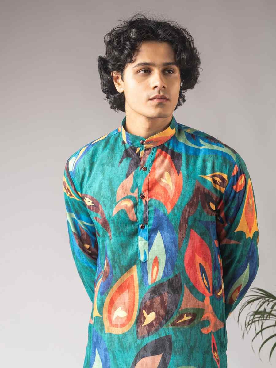 Peacock Green Printed Festival Wedding Party Mens Kurta