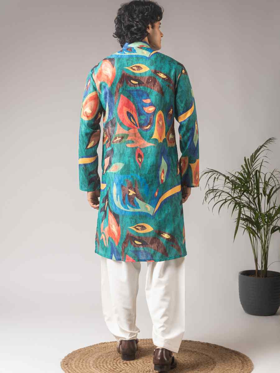 Peacock Green Printed Festival Wedding Party Mens Kurta