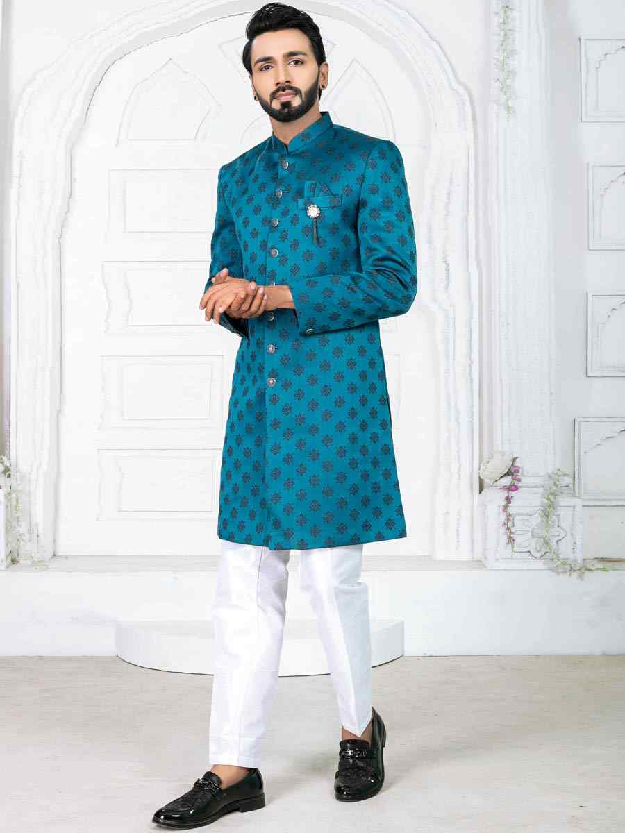 Peacock Heavy Jacquard Embroidered Wedding Groom Sherwani