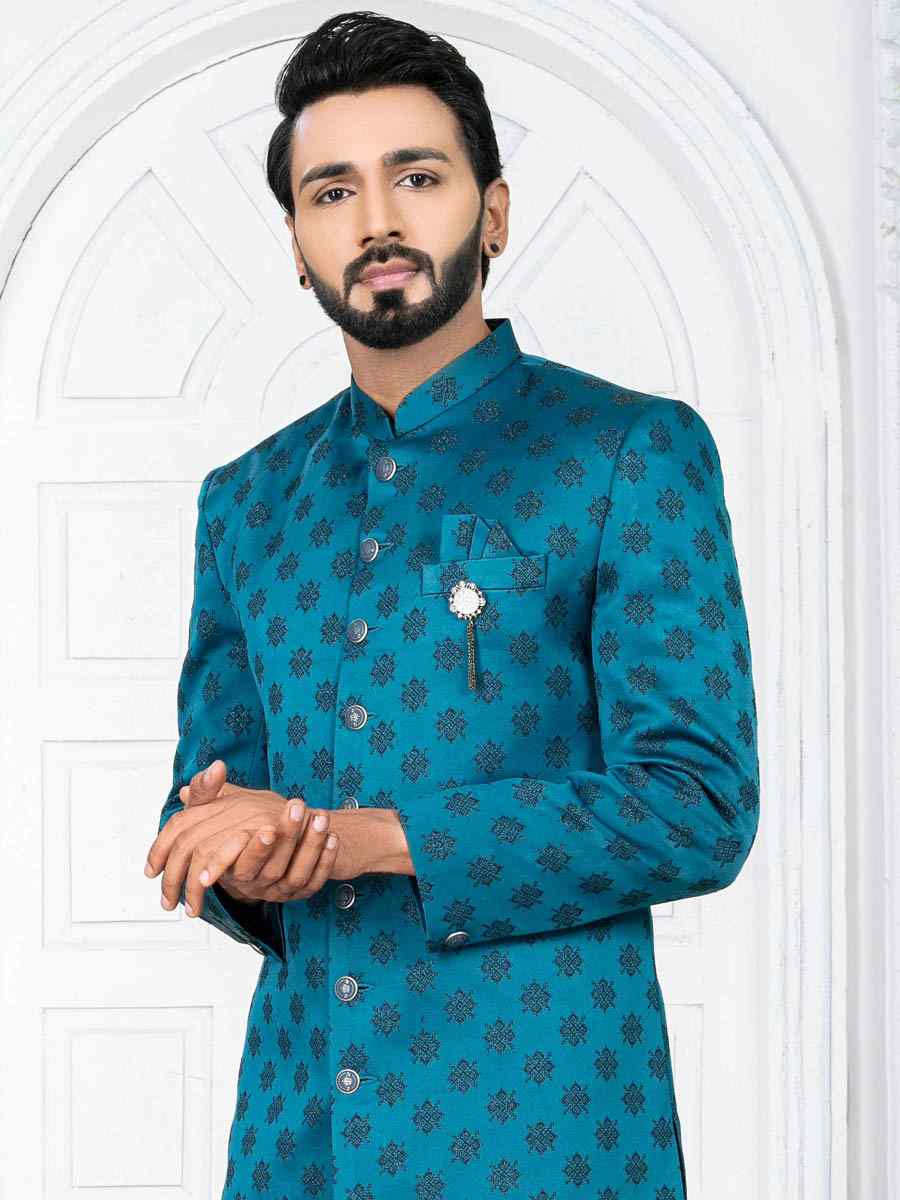 Peacock Heavy Jacquard Embroidered Wedding Groom Sherwani