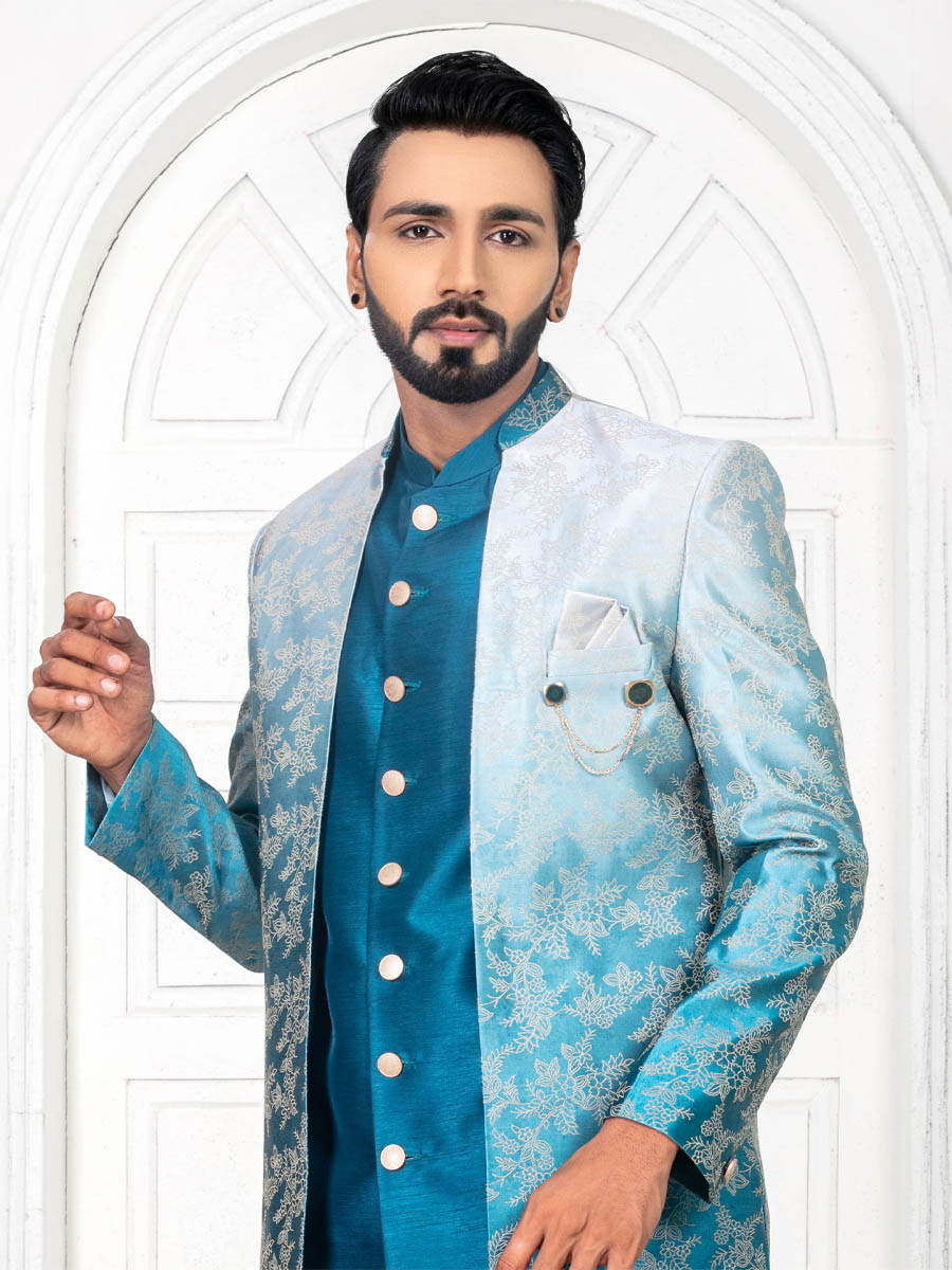 Peacock Jecquard Embroidered Wedding Groom Sherwani