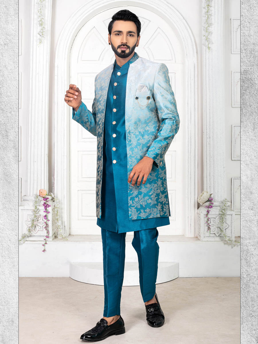 Peacock Jecquard Embroidered Wedding Groom Sherwani