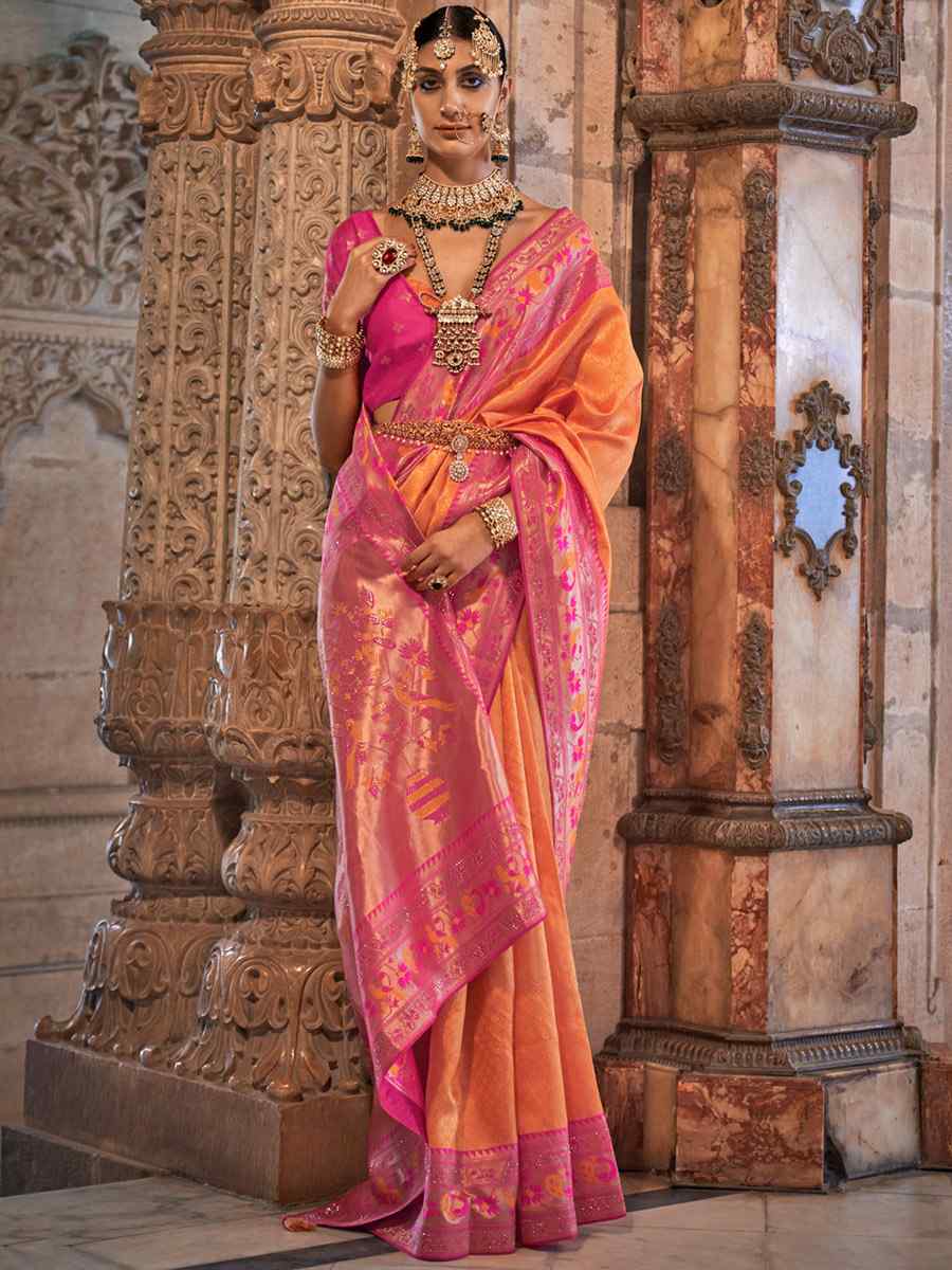 Pearl Orange Banarasi Silk Handwoven Wedding Festival Heavy Border Saree
