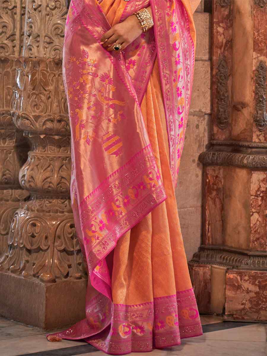 Pearl Orange Banarasi Silk Handwoven Wedding Festival Heavy Border Saree