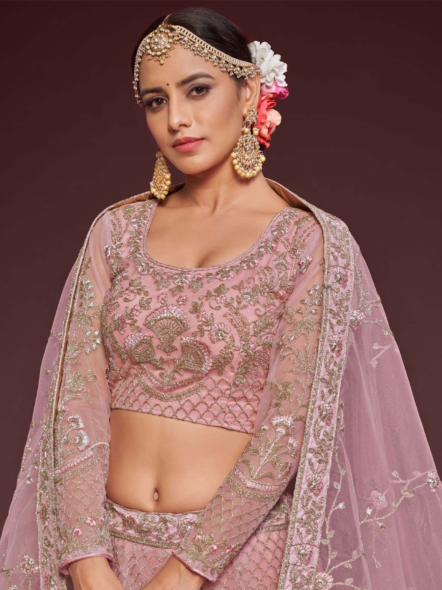 Pearl Pink Soft Net Embroidered Engagement Wedding Heavy Border Lehenga Choli