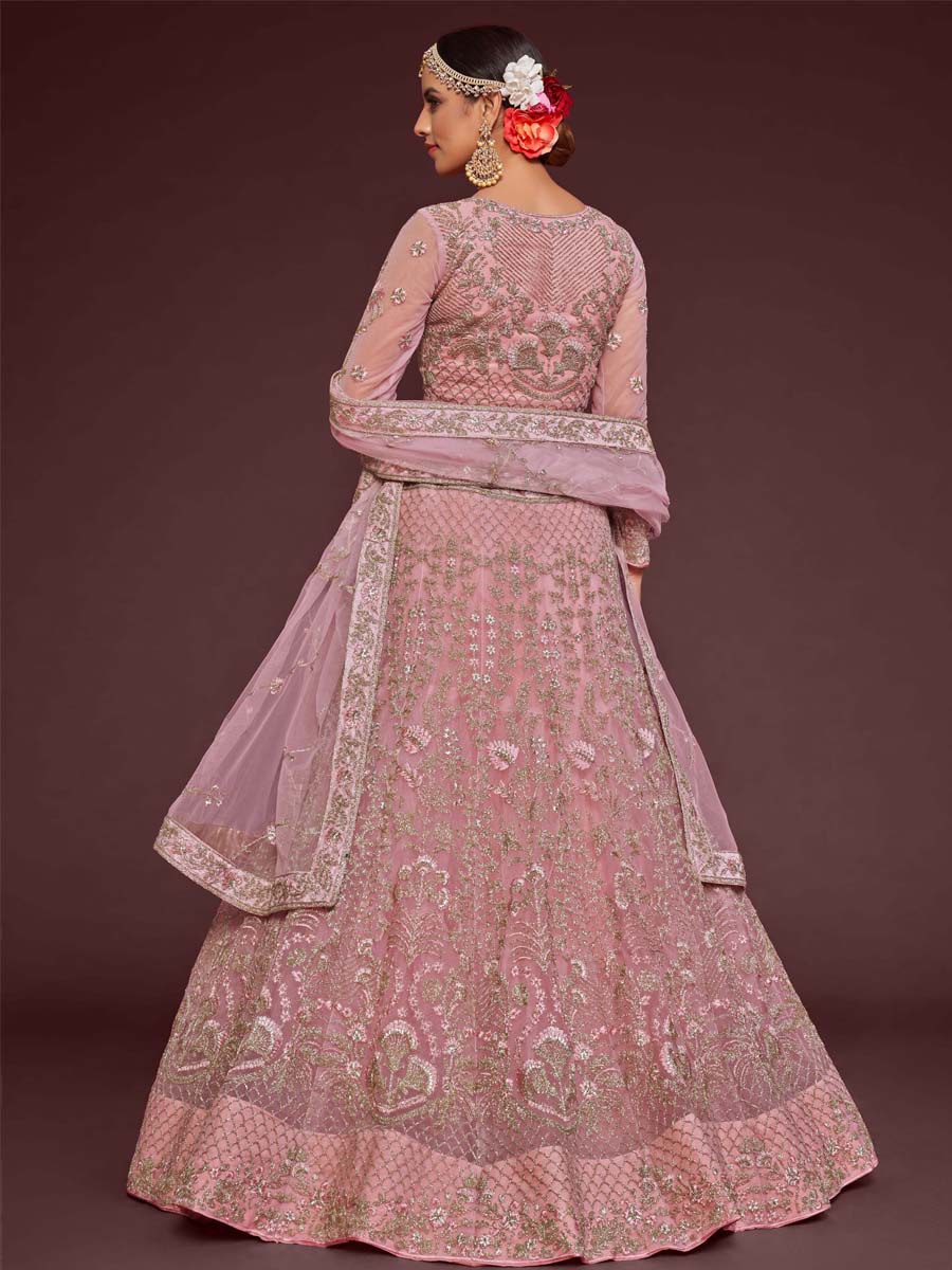 Pearl Pink Soft Net Embroidered Engagement Wedding Heavy Border Lehenga Choli