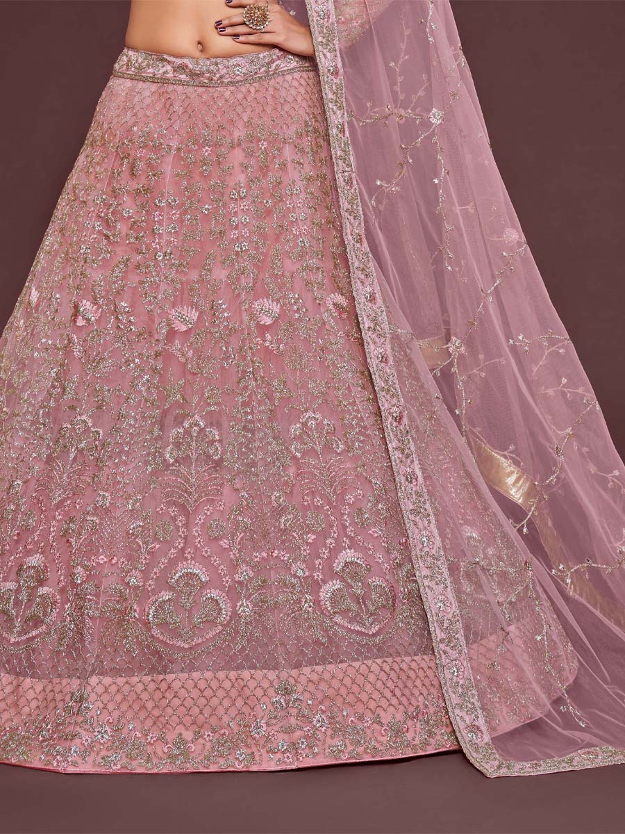 Pearl Pink Soft Net Embroidered Engagement Wedding Heavy Border Lehenga Choli