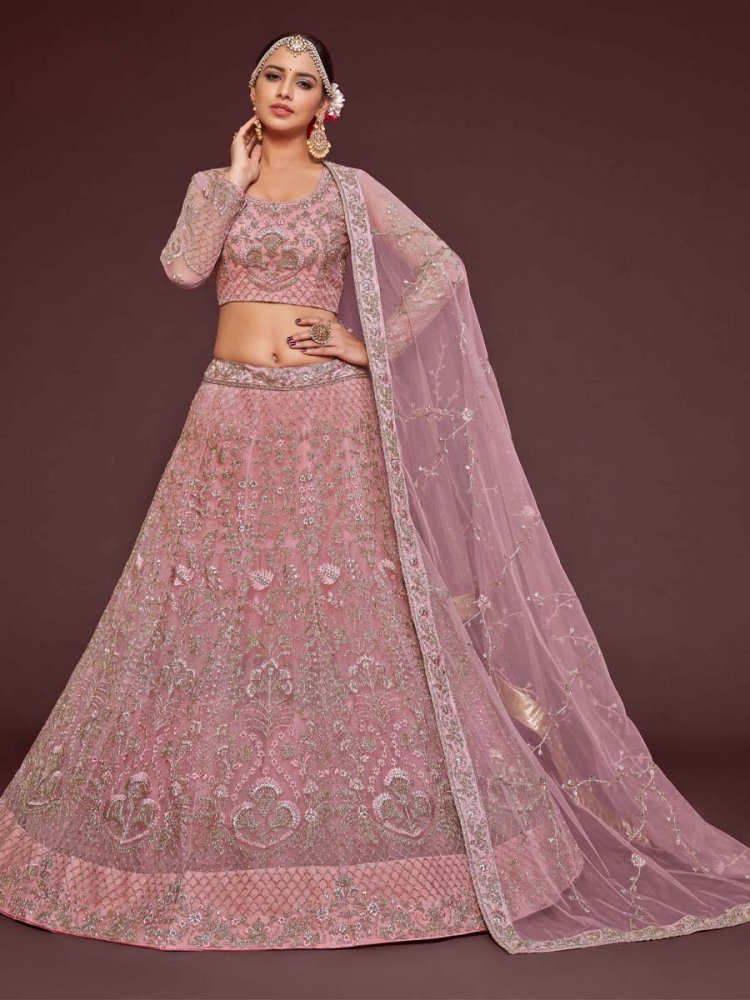 Pearl Pink Soft Net Embroidered Engagement Wedding Heavy Border Lehenga Choli