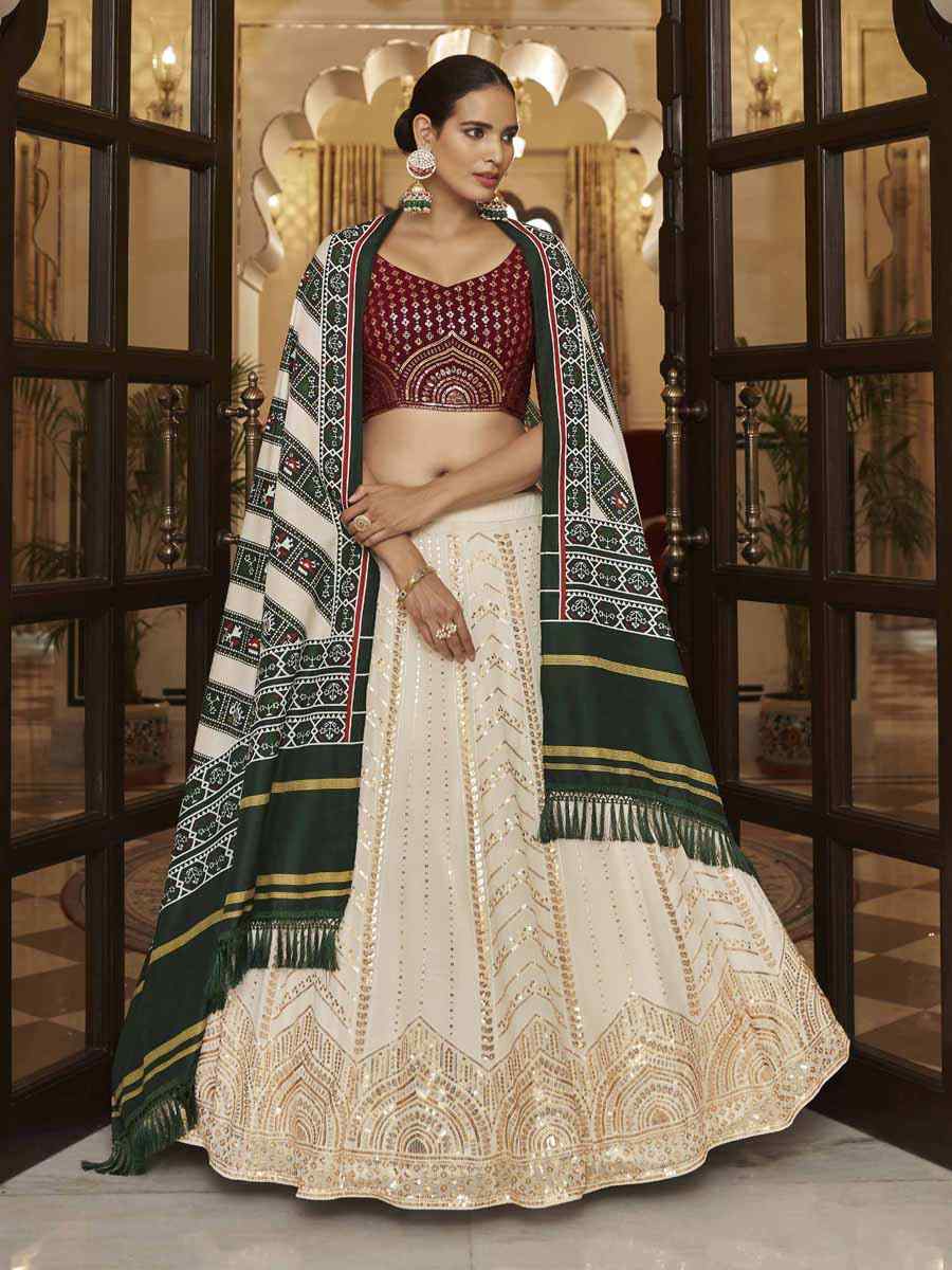 Pearl White Georgette Embroidered Wedding Festival Heavy Border Lehenga Choli