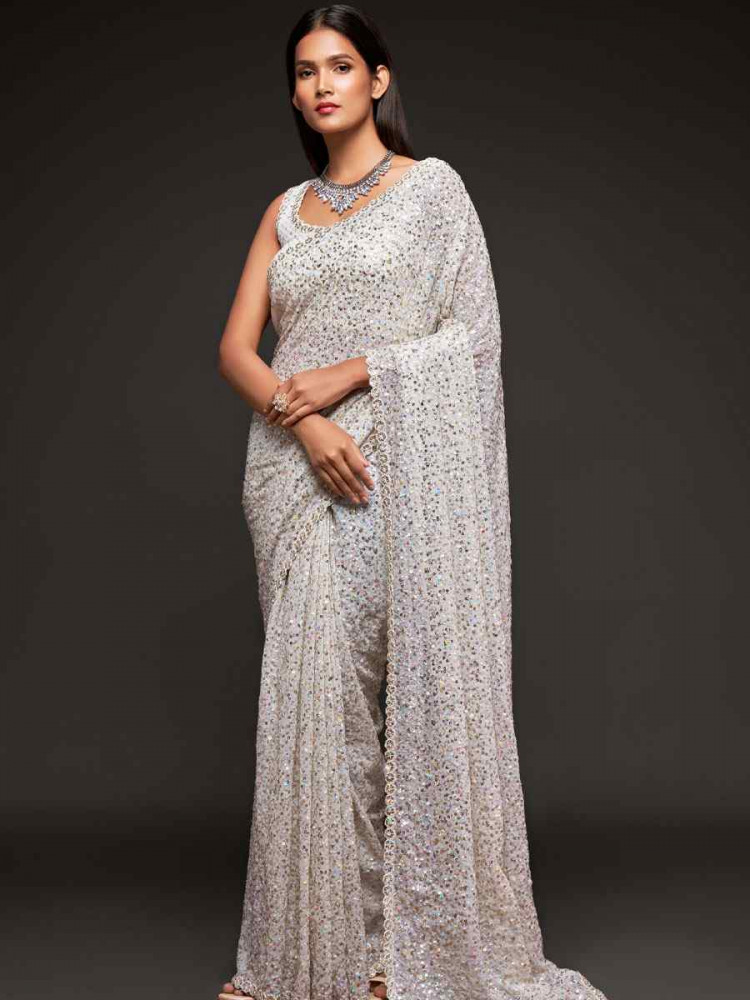 Image of Pearl White Georgette Embroidery Festival Wedding Fancy Heavy Border Saree