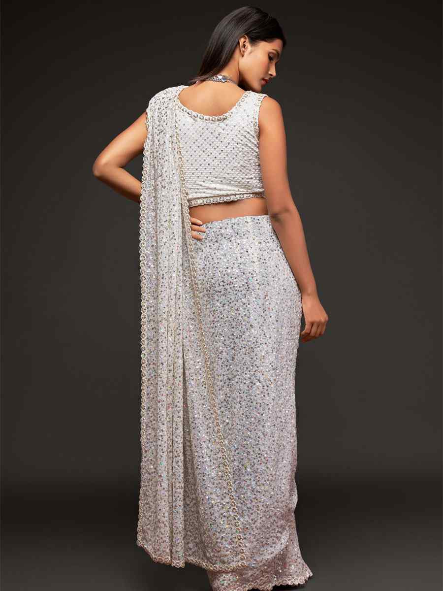 Pearl White Georgette Embroidery Festival Wedding Fancy Heavy Border Saree