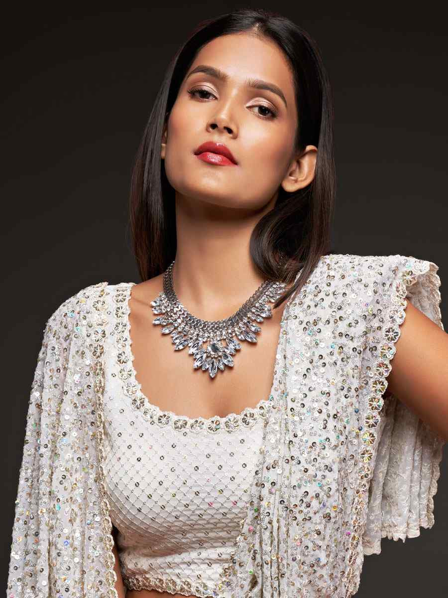Pearl White Georgette Embroidery Festival Wedding Fancy Heavy Border Saree