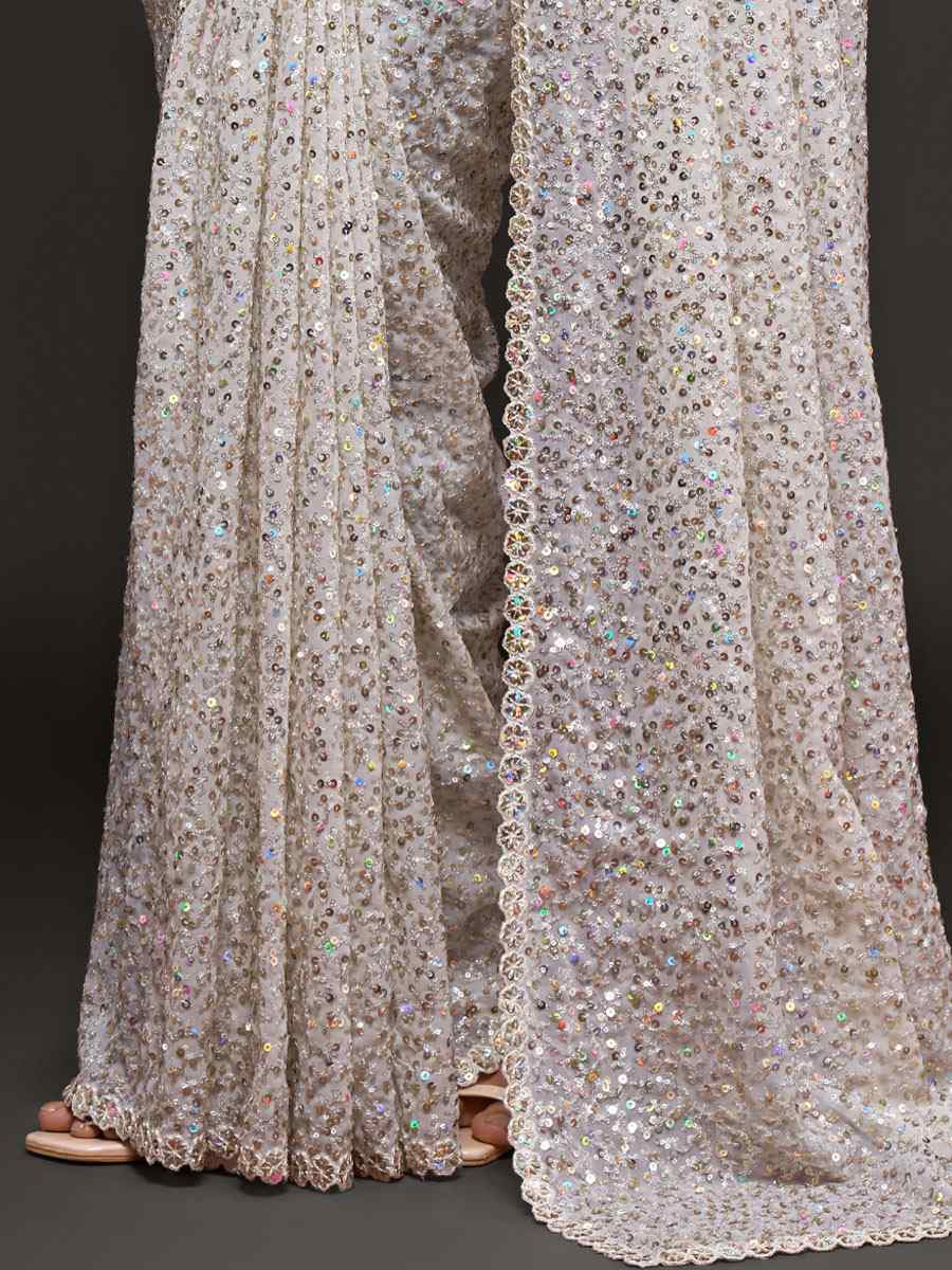 Pearl White Georgette Embroidery Festival Wedding Fancy Heavy Border Saree