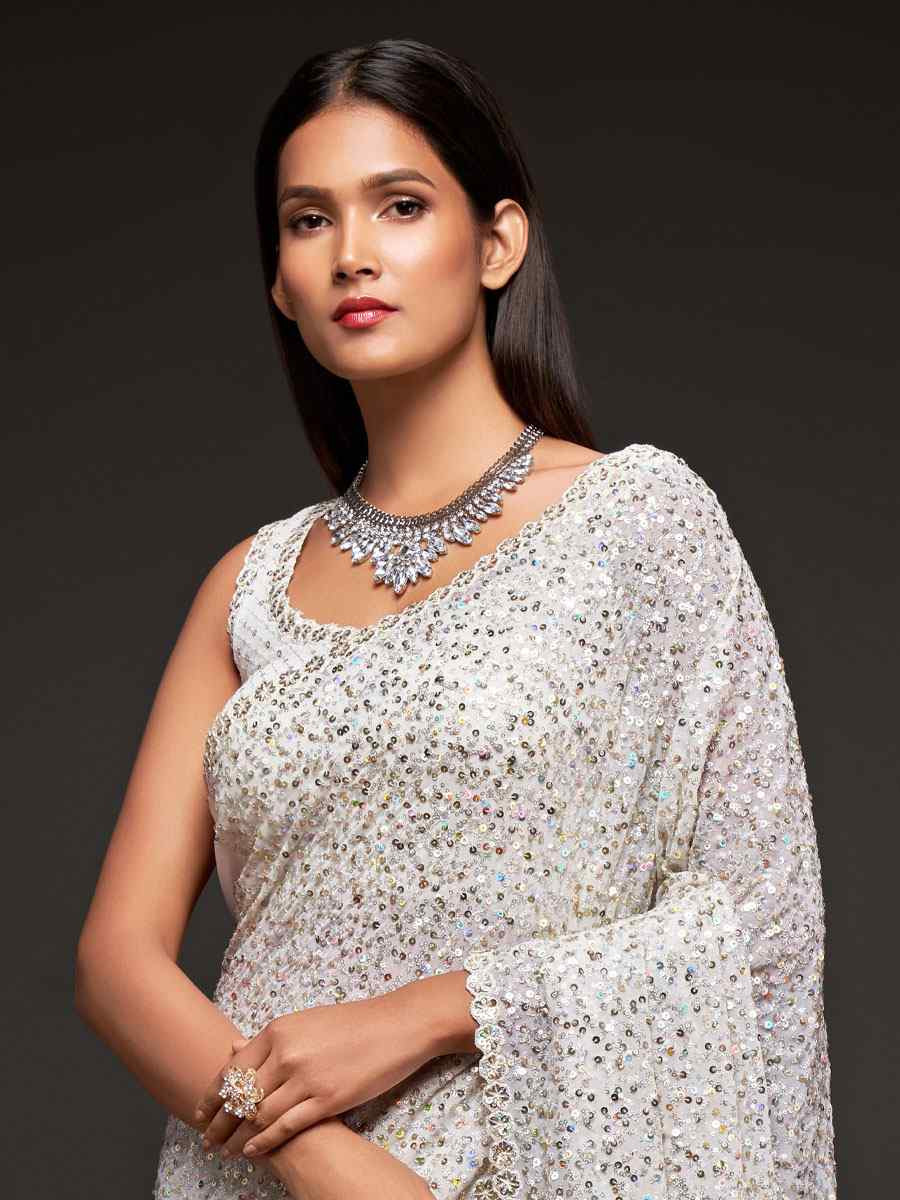 Pearl White Georgette Embroidery Festival Wedding Fancy Heavy Border Saree