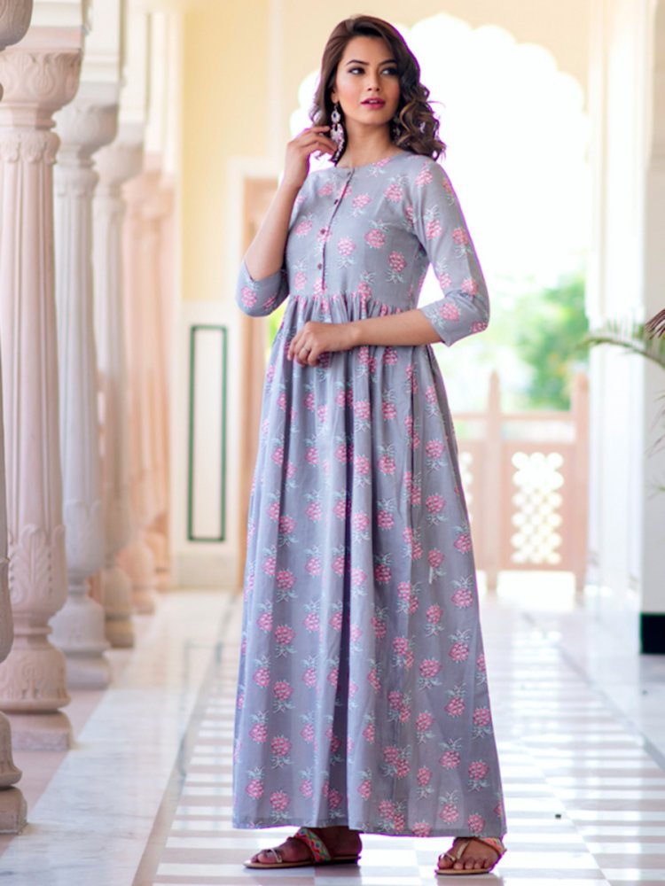 Periwinkle Violet Maslin Silk Casual Printed Gown