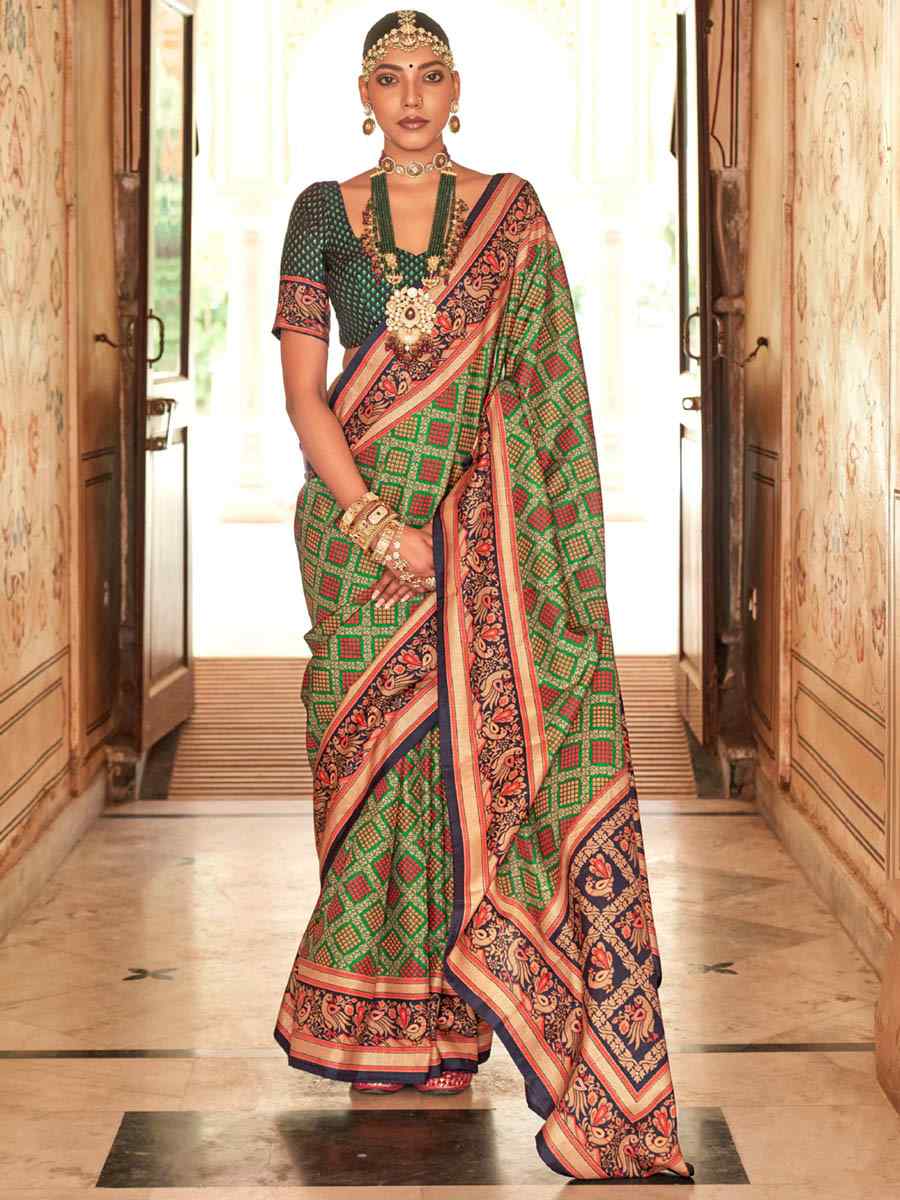 Perot Green Banarasi Silk Printed Casual Festival Contemporary Saree