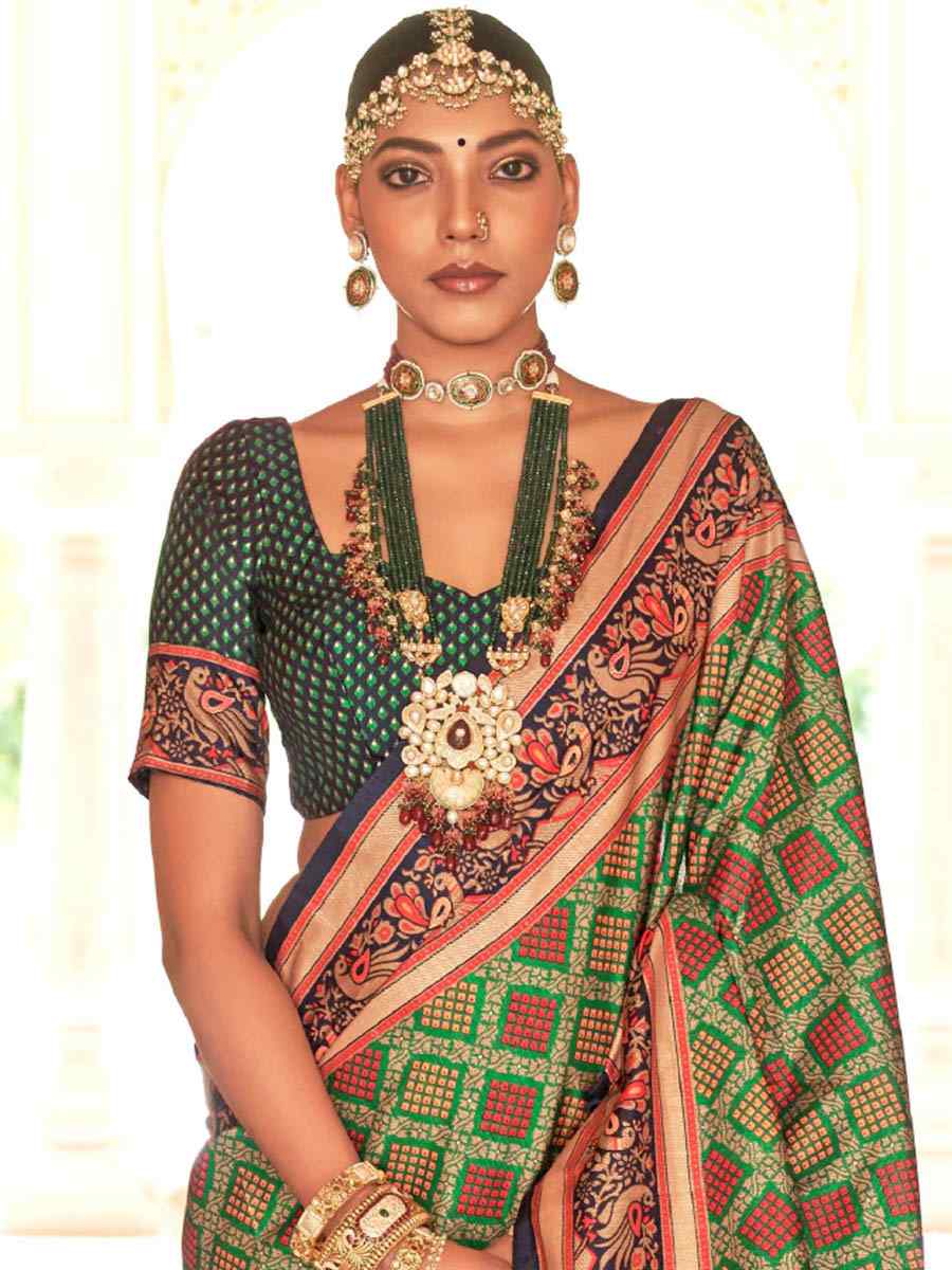 Perot Green Banarasi Silk Printed Casual Festival Contemporary Saree