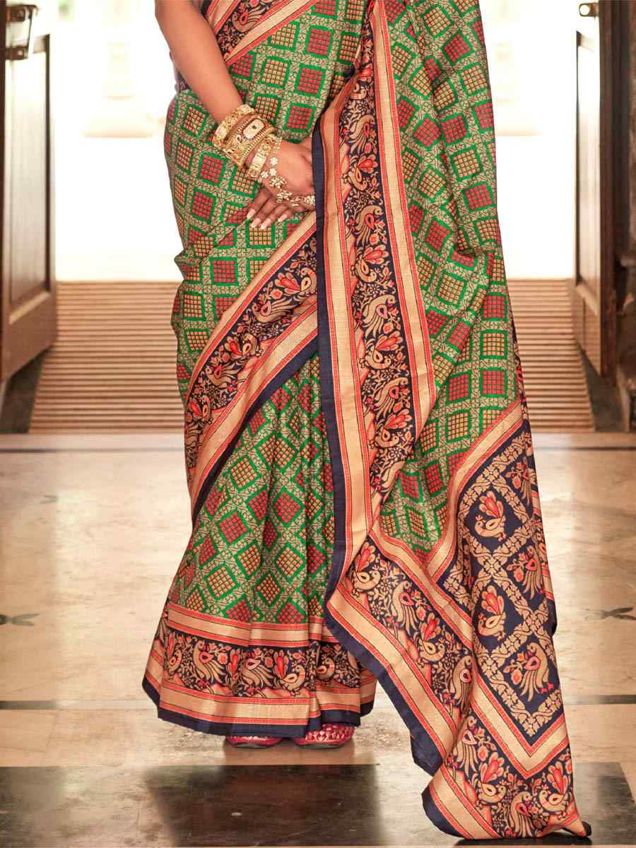 Perot Green Banarasi Silk Printed Casual Festival Contemporary Saree