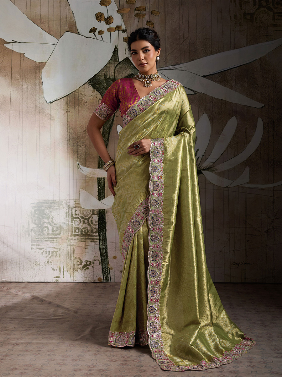 Perrot Green Banarasi Silk Jacquard Embroidery Zari Sequins Wedding Reception Party Festival Casual Heavy Border Sarees
