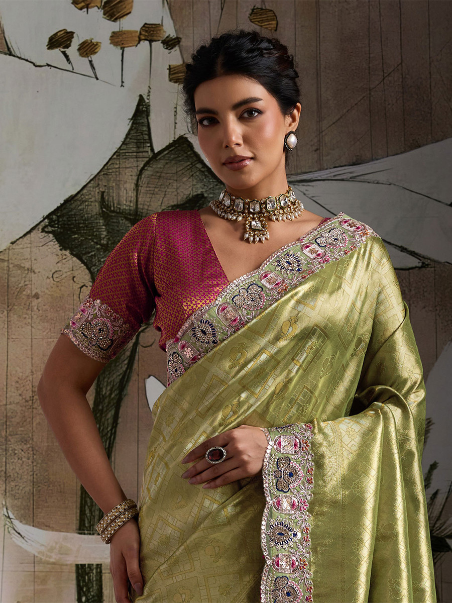 Perrot Green Banarasi Silk Jacquard Embroidery Zari Sequins Wedding Reception Party Festival Casual Heavy Border Sarees